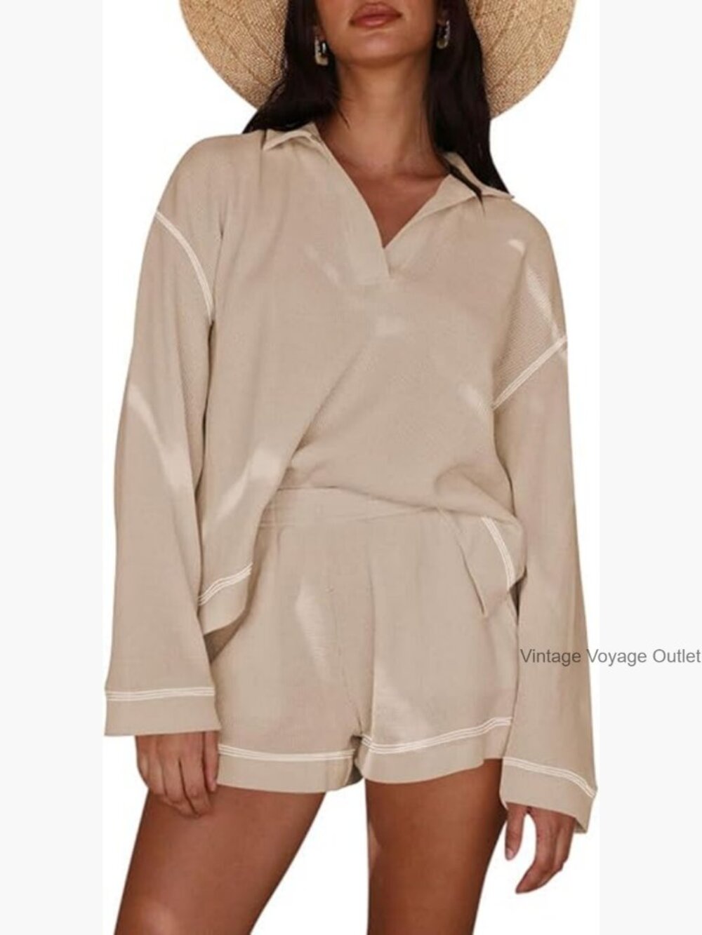 Waffle Knit Long Sleeve Lounge Set Top and Shorts 2 Piece Outfit